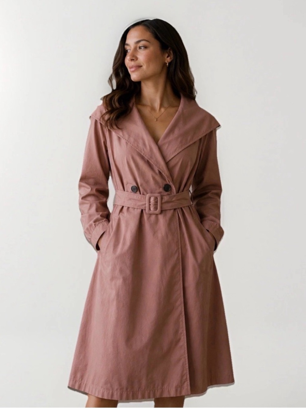 Hiroko Vintage Mauve Wool Trench Coat Belted Hooded, Size M 80% Wool / 20% Silk
